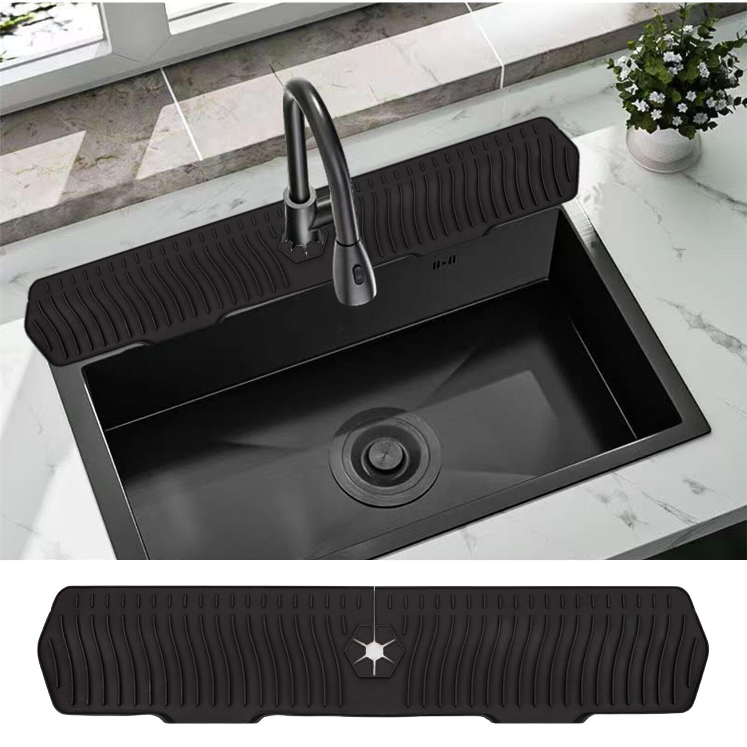 30 Inch Sink Splash Guard Large Size Kitchen Sink Splash Guard Longer Silicone Faucet Handle Drip Catcher Tray for Kitchen Countertop Bathroom Farmhouse (Black)